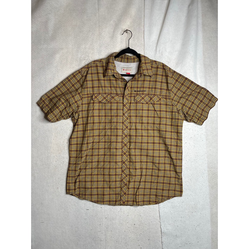 Redington Mens Brown Yellow Plaid Nylon Fishing Shirt SS see measurements